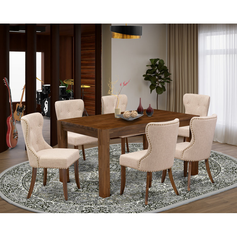 Geib Rubberwood Dining Table Set - Parsons Chairs with Linen Fabric Seat - Rectangular Kitchen Table
