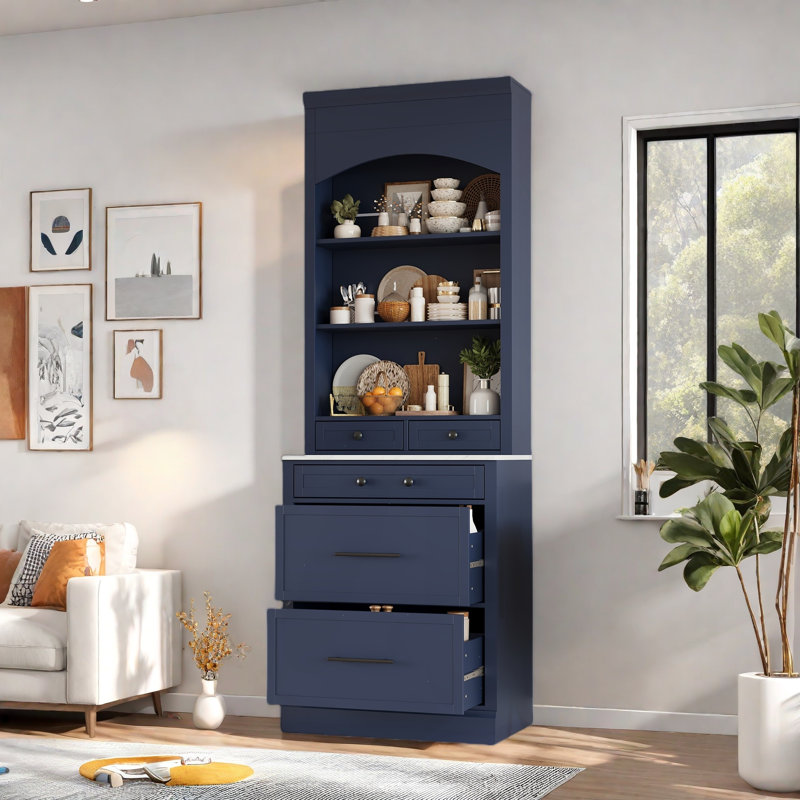 Garde-manger moderne avec plateau en faux marbre, 5 tiroirs et une tablette réglable