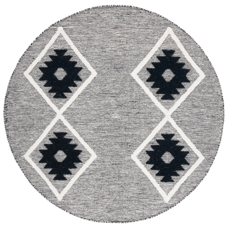 Vermont Hand Loomed Wool/Cotton Southwestern Rug in Gray/Black/Ivory, Round 6'