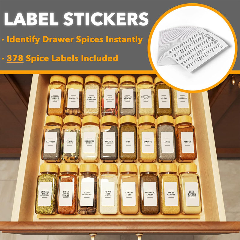 Bamboo Spice Drawer Organizer with 24 Spice Jars, 378 White Minimalist Spice Labels, 3-Tier Seasoning Rack Tray Insert for Kitchen Drawers, 15" Wide x 15" Deep x 2.6" Tall