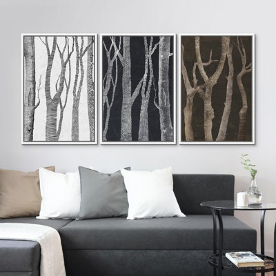 «Bouleaux, nature, illustrations, art moderne, décoration bohème, coloré, chic, salon, bureau de chambre à coucher», 3 pièces