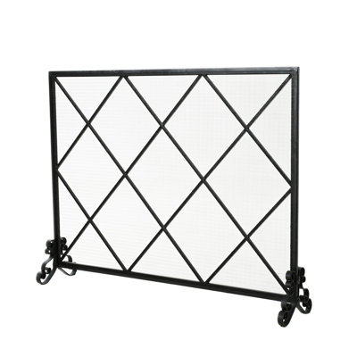 Fire Screen - Iron, Single Panel With Chic Diamond Design, 42.5" W X 9.11" D 31.42" H, Black Iron Fireplace Contemporary Modern Style, 42.5"W 9.11"D 31.42"H,