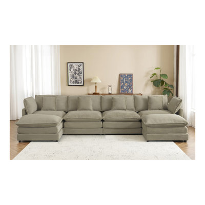 149.6" Modern Sofa Modular Sofa Couch Upholstered Corduroy L-Shape Sectional Sofa with Side Storage Pockets for Living Room