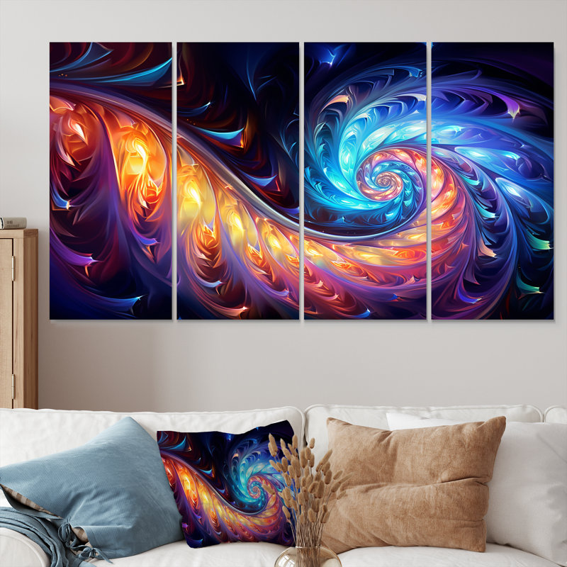 «Vibrant Fractal Glow Journey - Abstract Spirals», art mural 4 pièces, H 28 po x l 48 po
