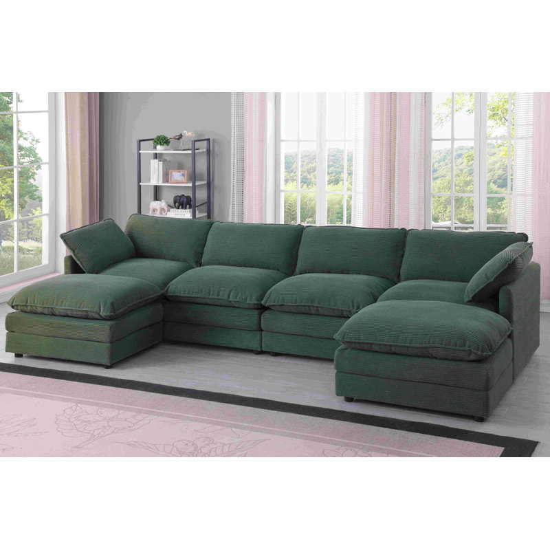 Canapé modulaire en velours côtelé 6 pièces avec repose-pieds amovible, Velours côtelé vert