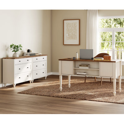 Farmhouse Style Desk And Wooden Dresser Combo Set,  Dressers With 6 Drawers, Mid Century Modern Wooden Closet Storage Organizer, Office Desk For Home by Charlton Home