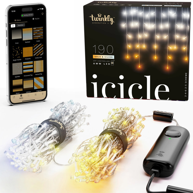 Twinkly Icicle App-Controlled Smart LED Christmas Lights 190 Multicolor and White, White/Yellow