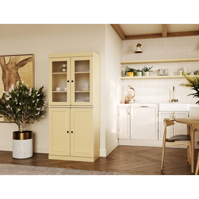 100% Solid Wood 32" Pantry Cabinet with Frosted Glass, Solid Doors, 2-Drawers and Adjustable Shelves by Latitude Run