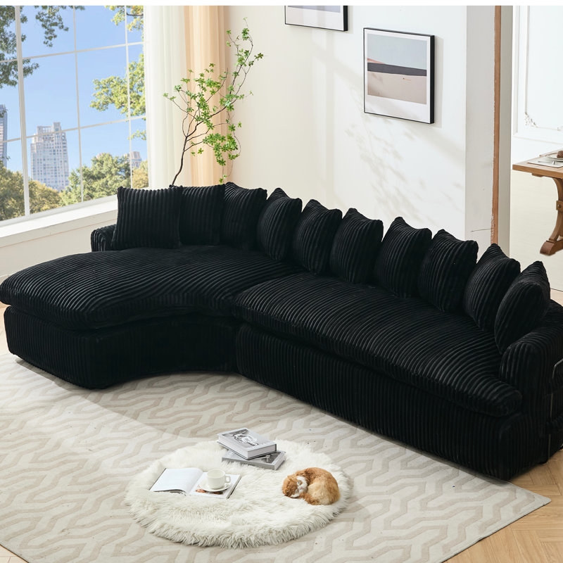 , 127 po, modulaire en forme de L, forme courbée élégante, velours côtelé noir, mousse haute, sans assemblage, sièges modulaires à gauche de 1277 po, dix coussins de dossier renforcés par ressorts, assemblage nécessaire, confort pour
