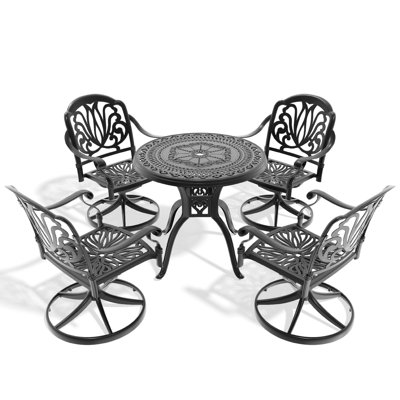 5 All-weather Dining : Cast Aluminum 4 Swivel Chairs & 31.50" Round Table, Black, Protected, With Breathable And Cushions Weather , Stable Chair Table Structure