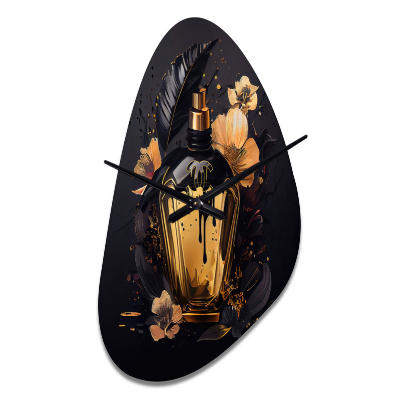 Calarco Chic, bouteille de parfum noire et dorée - mode unique, horloge en métal, horloge murale asymétrique noire, Grand