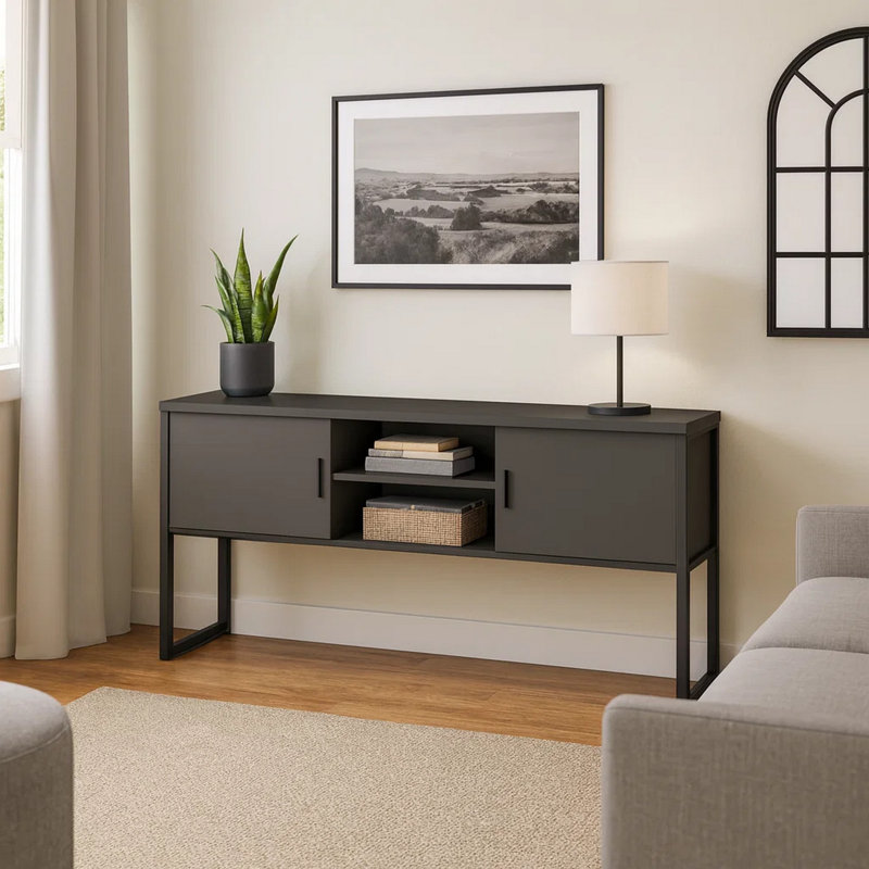 Homi Office Table, 2 Cabinets, 71 Inch, Metal, Gray Laminate