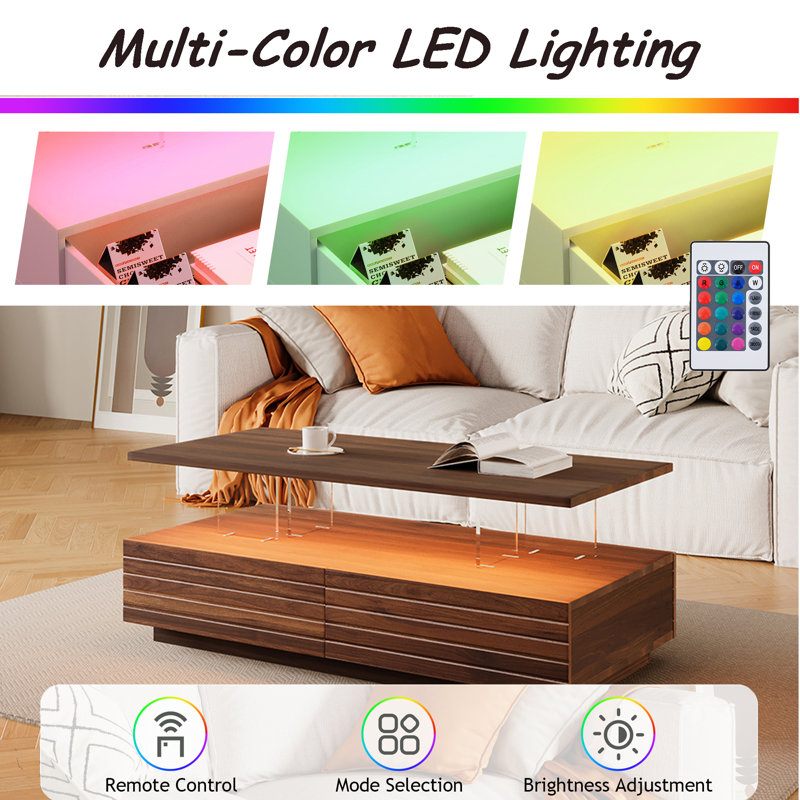 47.2" Modern Rectangular Coffee Table With 2 Drawers And Multi-Color LED Lights, Walnut