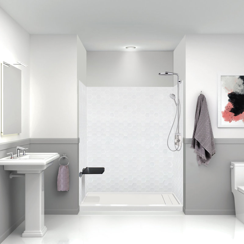 Ensemble de mur de douche 60 po x 36 po x 72 po Transangle Prodigy, hexagone blanc 3D