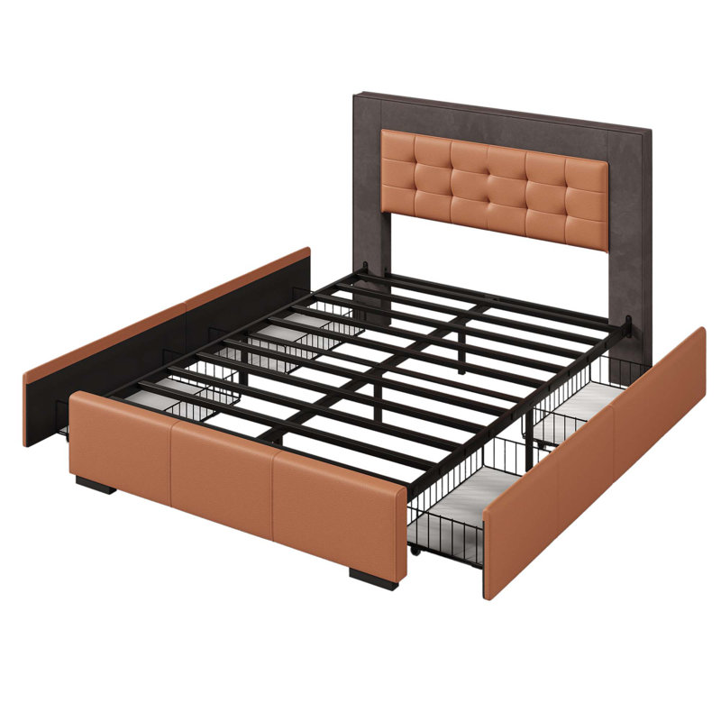 Structure de lit plateforme tapissier Bayboro avec 4 tiroirs et tête de lit capitonnée, Orange
