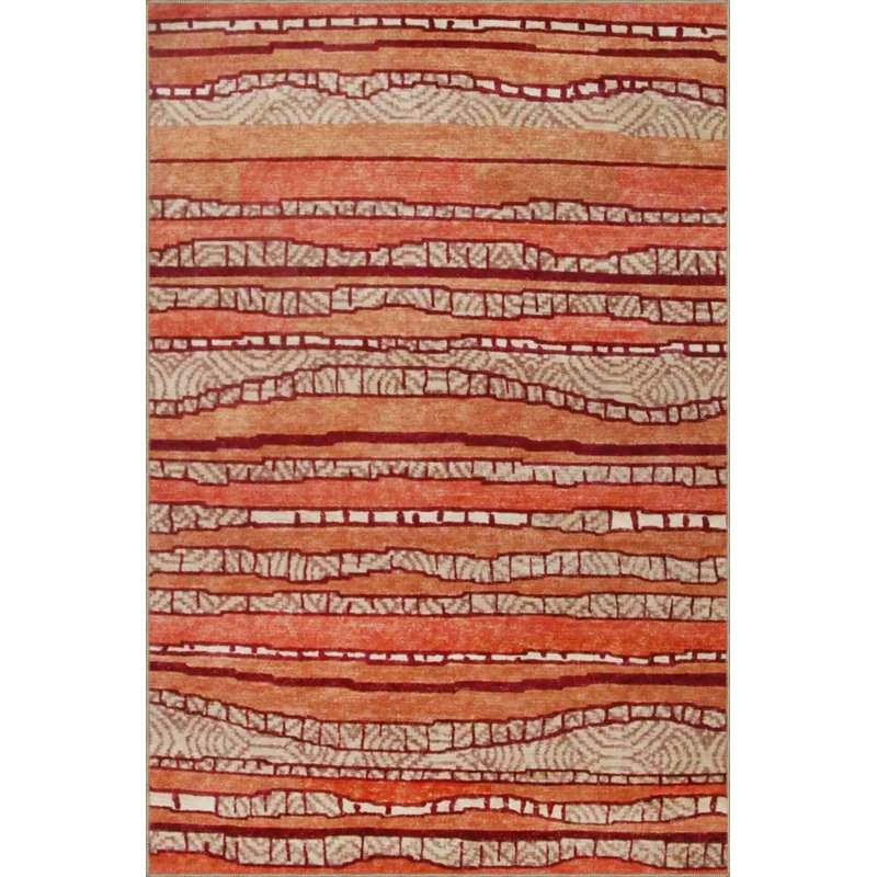 Orange Wavy Washable Woven Base Decorative Rug, Runner 2'6" x 6'7" Rug Pad Included