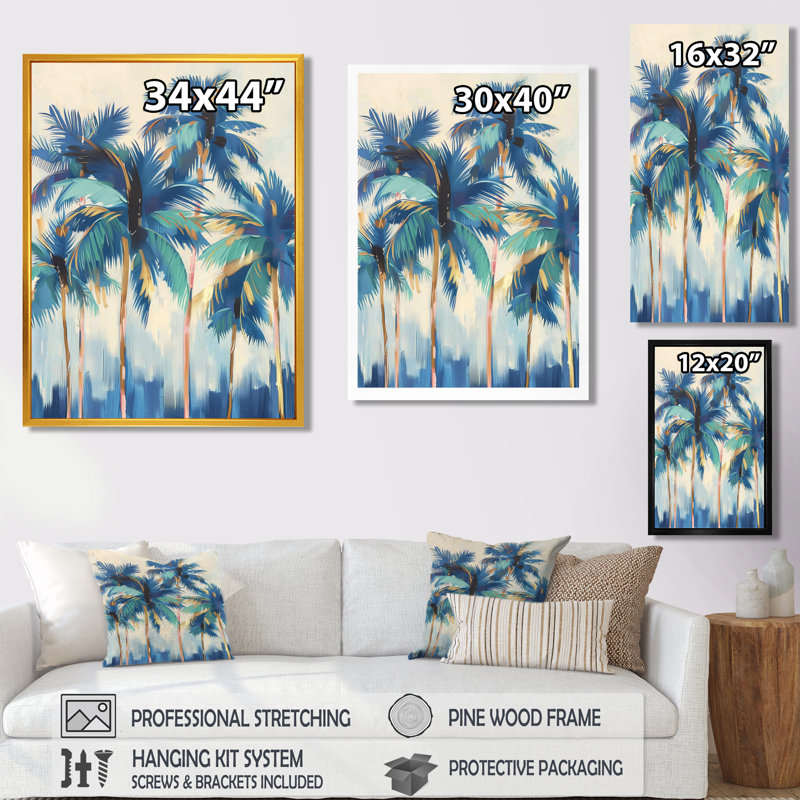 «Blue and Gold Palm Tree Forest In California II» - palmiers et palmiers, art mural, Toile tendue, H 44 po x l 34 po