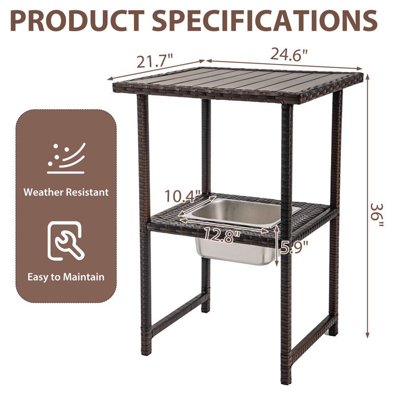 Solomie Rectangular Metal Outdoor Bar Table , 21.7'' in. W 24.6'' in. D, Brown
