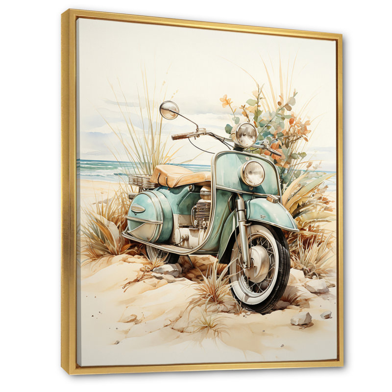Motocyclette bleue sur la plage - décoration murale plage, H 32 po x l 24 po x P 1 po, Cadre flottant doré