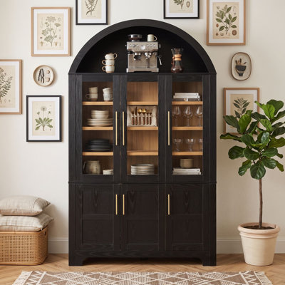 Armoire de rangement pour garde-manger de 73 po de hauteur arquée avec portes en verre, tablettes réglables, supports de porte et ensemble anti-basculement