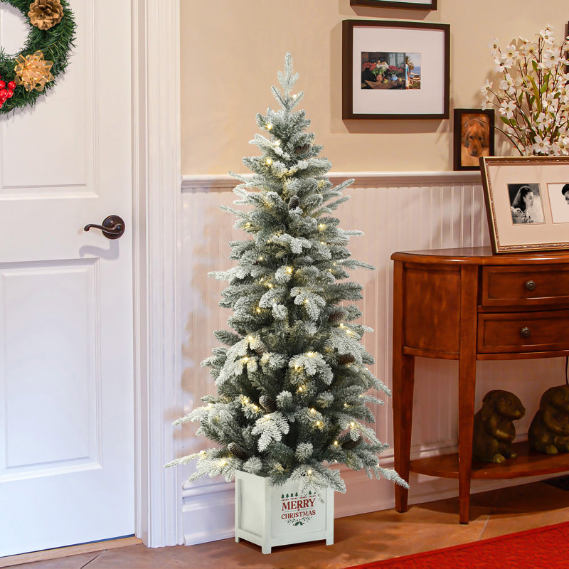 5Ft Pre-Lit Snow Flocked Full Pine Potted Artificial Christmas Tree