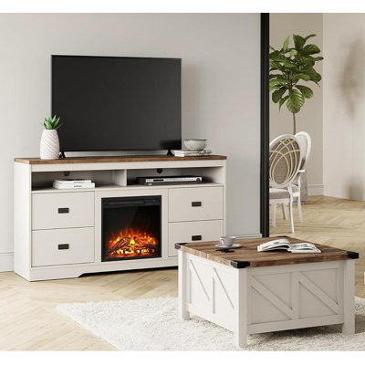 Laziza Farmhouse Living Room Furniture Set Of 3 Includes 65 Inch TV Stand With Fireplace,30 Inch Square Wood Coffee Table,White