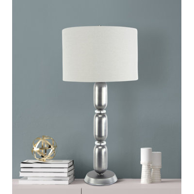 Modern Stacked Metal Table Lamp with Glass Accents and Linen Shade