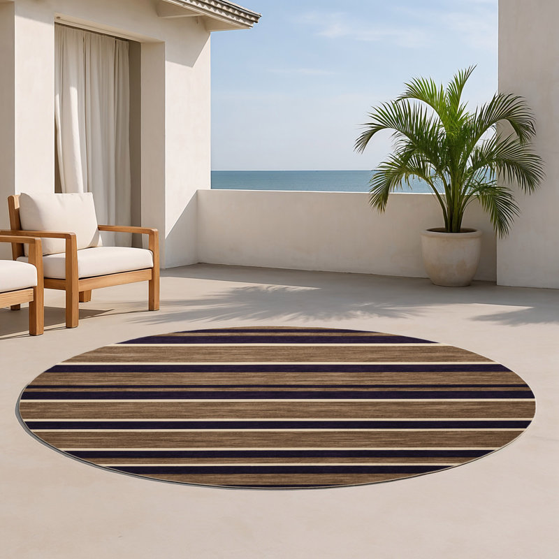 Tapis intérieur / extérieur brun HorizontalStripes, Rond 5 pi