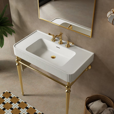 Lavabo de comptoir en marbre artificiel blanc Vici 36 avec 3 trous de robinet, pieds de support autoportants en acier inoxydable avec barre à serviettes, sans robinet ni couvercle d'évier, couleur or