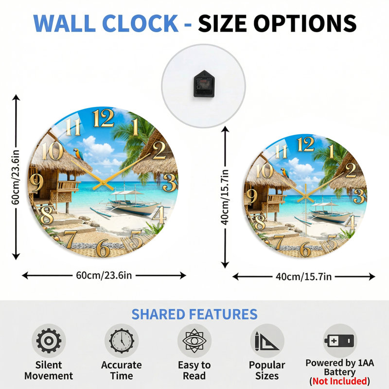 "Tropical Beach", horloge murale en verre, 40 x 40 cm (15,7 x 15,7 pouces)