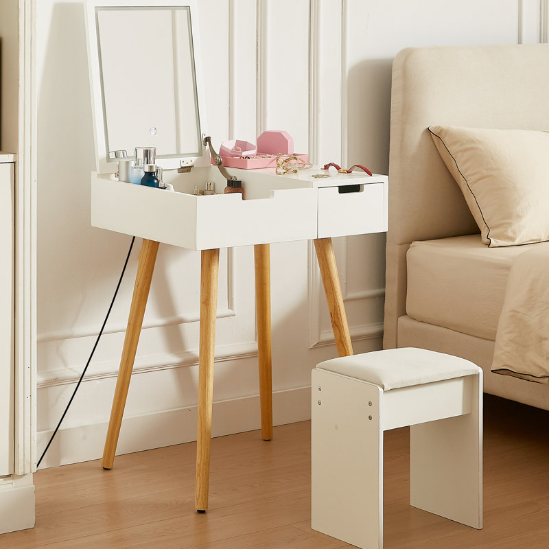 Coiffeuse de maquillage avec lumières à DEL 3 couleurs et compartiments de rangement, look naturel pour chambre à coucher, petite commode blanche à miroir 2 tiroirs, bureau pratique, design