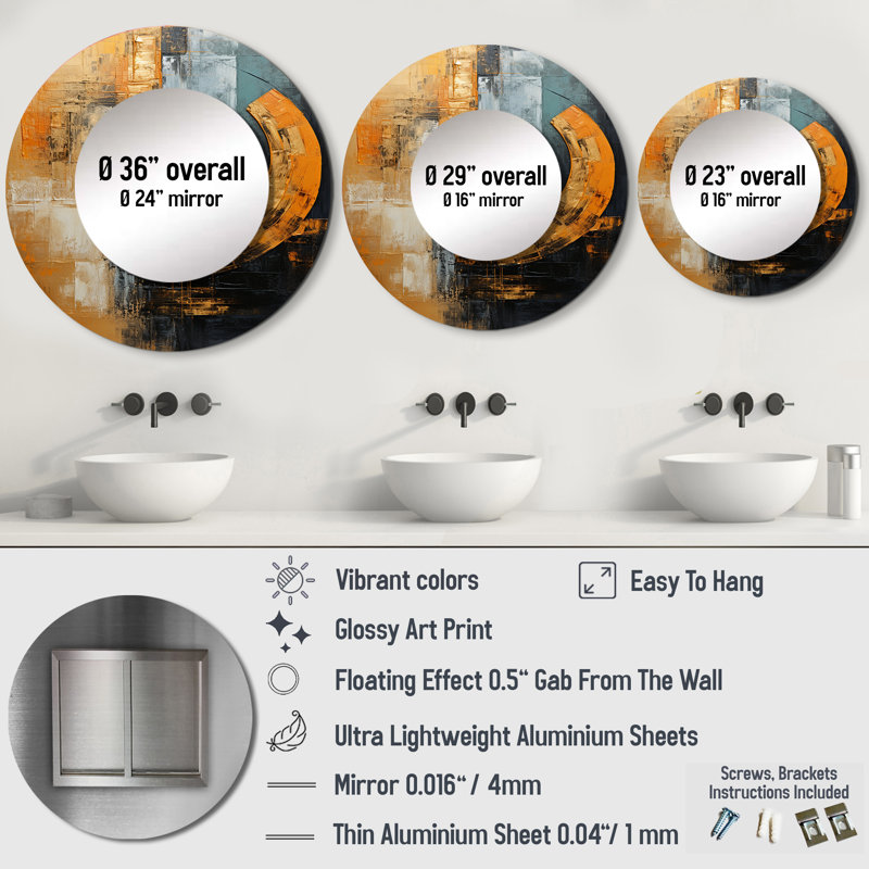 Saryia Black And Copper Crescents I - Abstract Shapes Unique Wall Mirror Decor, Modern Large Round Mirror, Printed Metal Art