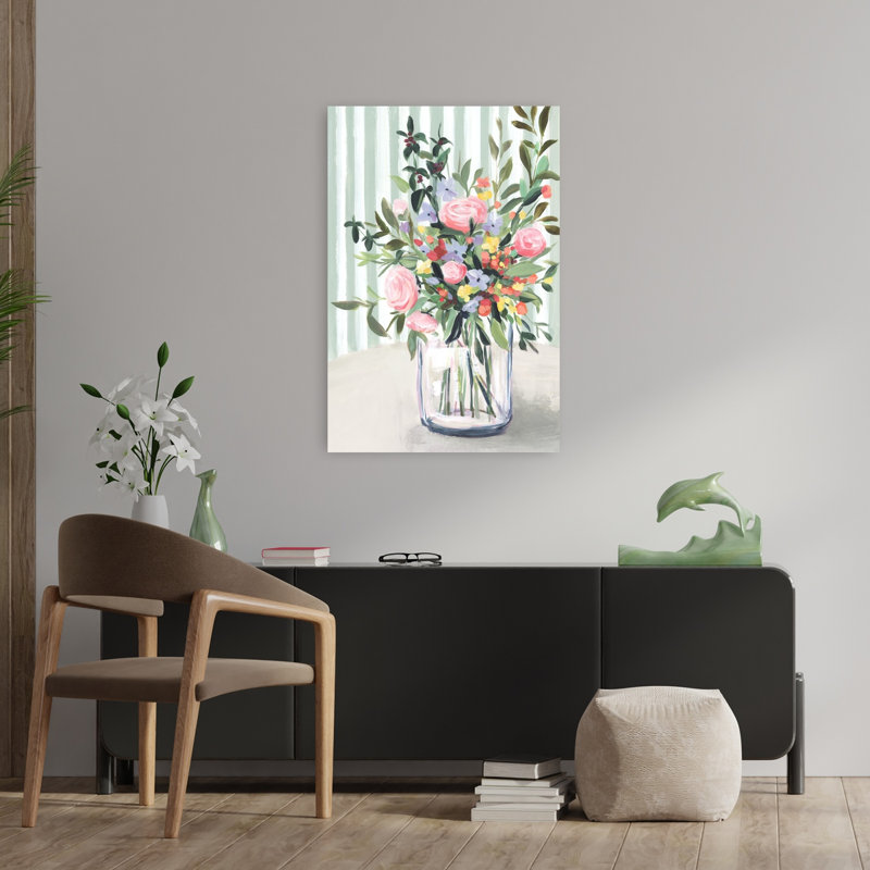 «Vibrant Blossoms In Clear Vase», art mural contemporain abstrait, H 36 po x l 24 po