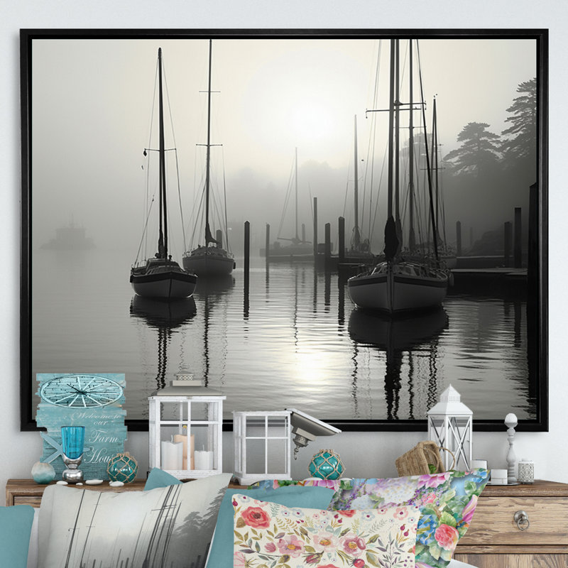 Boat Misty Harbour - Transportation Canvas Art Print, H 24 po x l 32 po, Cadre flottant noir