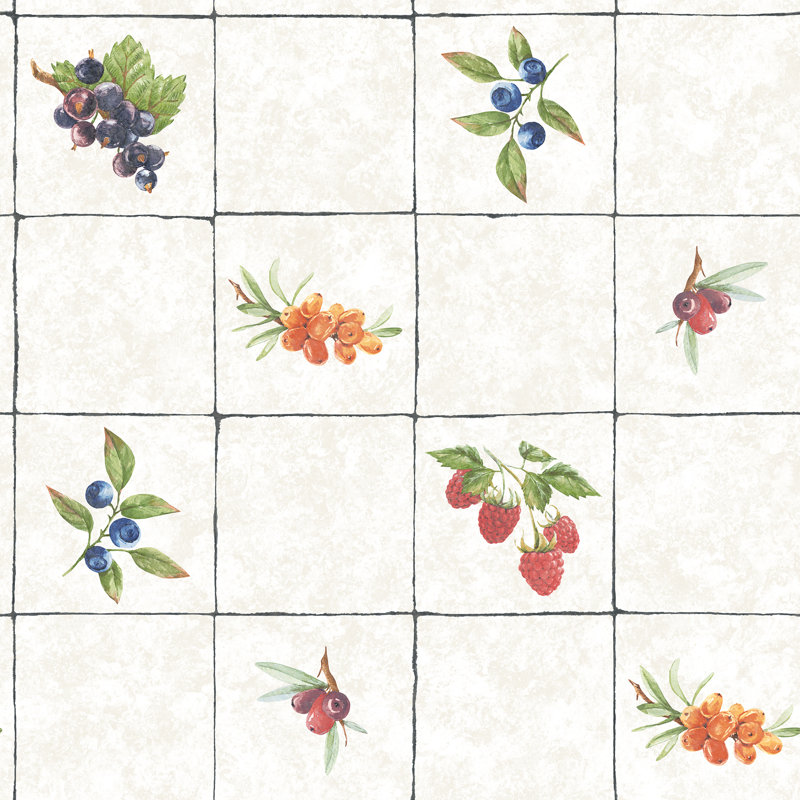Just Kitchens Fruit Tile Design 33' L x 21" W Wallpaper Roll, Taupe/Red/Blue