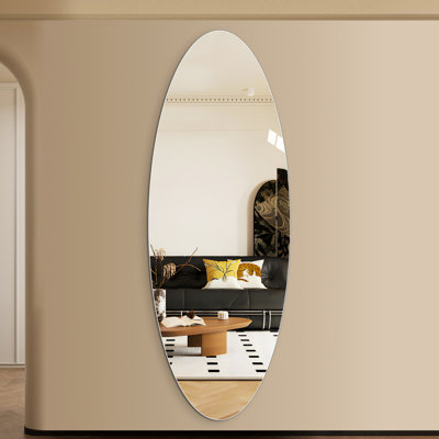 Modern Oval Wall Mirror, 63 X 21 Inches, Hd Silver Glass, Shatterproof Backing, -, Adhesive Mount, Perfect For Bedroom And Salon Use, True Reflection