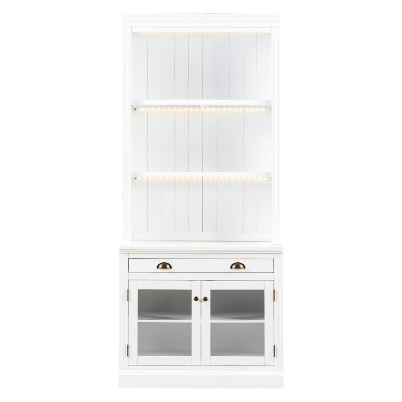 Bibliothèque blanche de 83,4 po de hauteur avec éclairage à DEL, 2 portes en verre, 1 tiroir et 3 tablettes ouvertes pour la décoration de la chambre à coucher