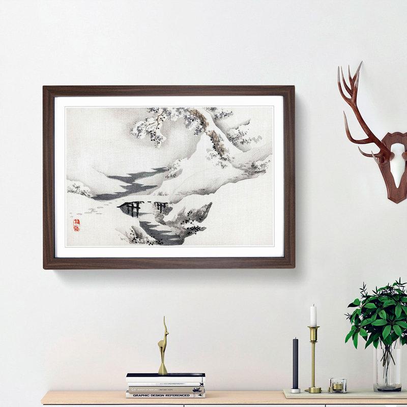 Snow Covered Bridge and Tree by Kono Bairei - Picture Frame Painting Print, 62cm H x 87cm W x 2cm D, Walnut Framed
