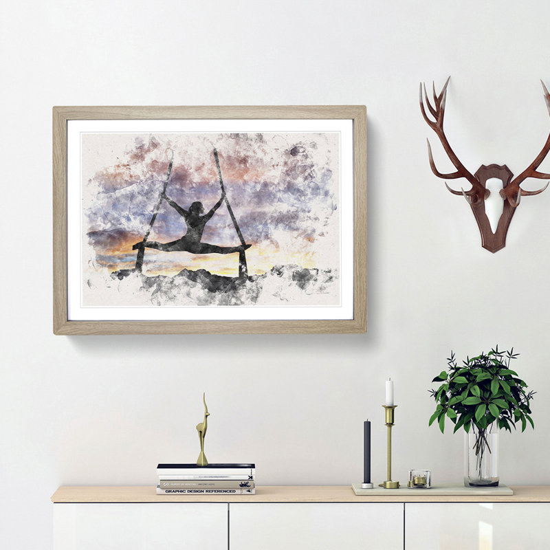 Aerialist Gymnastics at Sunset Watercolour - Picture Frame Graphic Art Print, Oak Framed, 36cm H x 48cm W x 2cm D