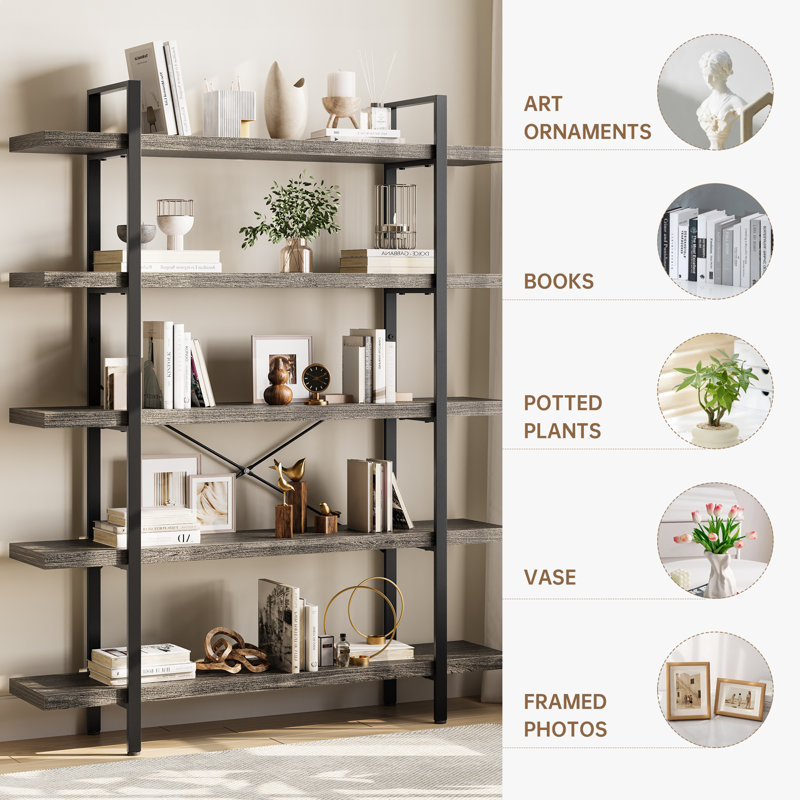 Heavy Duty Industrial Bookcase, 47" Wide Wood Bookshelf for Home Office, 120lbs Shelf Capacity, Rustic Shelving Display with Reinforced Horizontal Shelf for Living Room Bedroom,Grey
