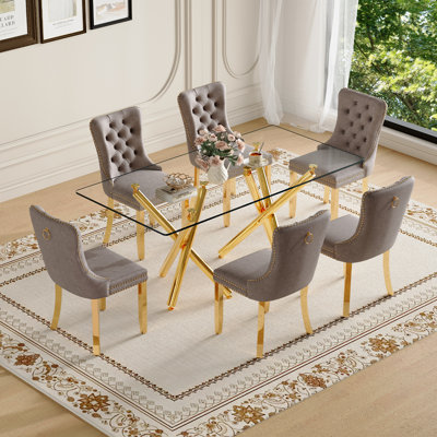 Ensemble de table de salle à manger 71 ", ensemble de table de salle à manger moderne avec plateau en verre trempé, chaises en velours et pieds en métal doré