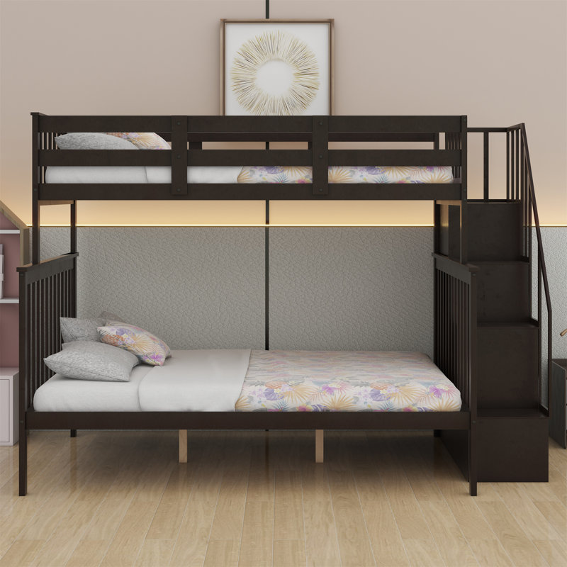 Bunk Bed With Storage Stairway And Guard Rail For Bedroom, Espresso