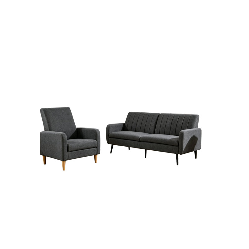 Modern Upholstered Living Room Set With Wooden Legs & Convertible Backrest, 2 Pcs: Sofa, Chair, Dark Grey