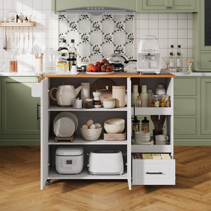 Kitchen Island on Wheels with Storage, Multifunctional Rolling Kitchen Island Cart with Drop Leaf, Spice & Towel Rack, Expandable Kitchen Table, 43.3" Wide