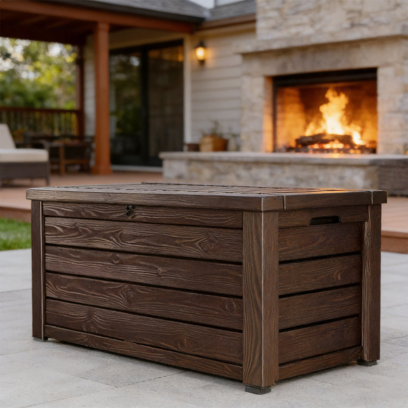 150 Gallon Outdoor Storage Bench – Resin, Wood-Plank Design, Seats 2, Easy-Lift Lid, All-Weather, Lockable, For Patio, Garden, Pool Accessories