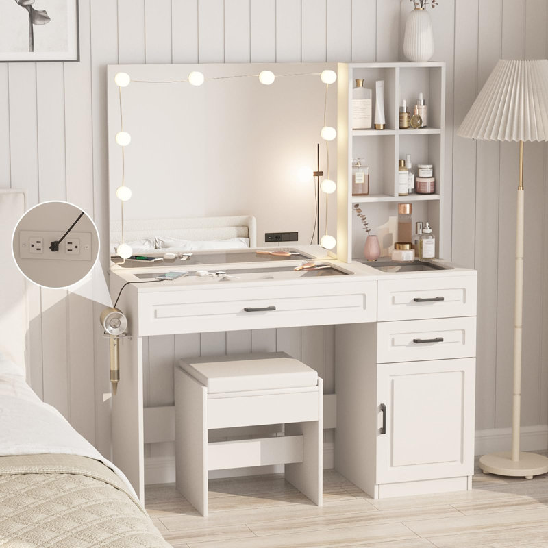 Vanity with Mirror and Seat, White