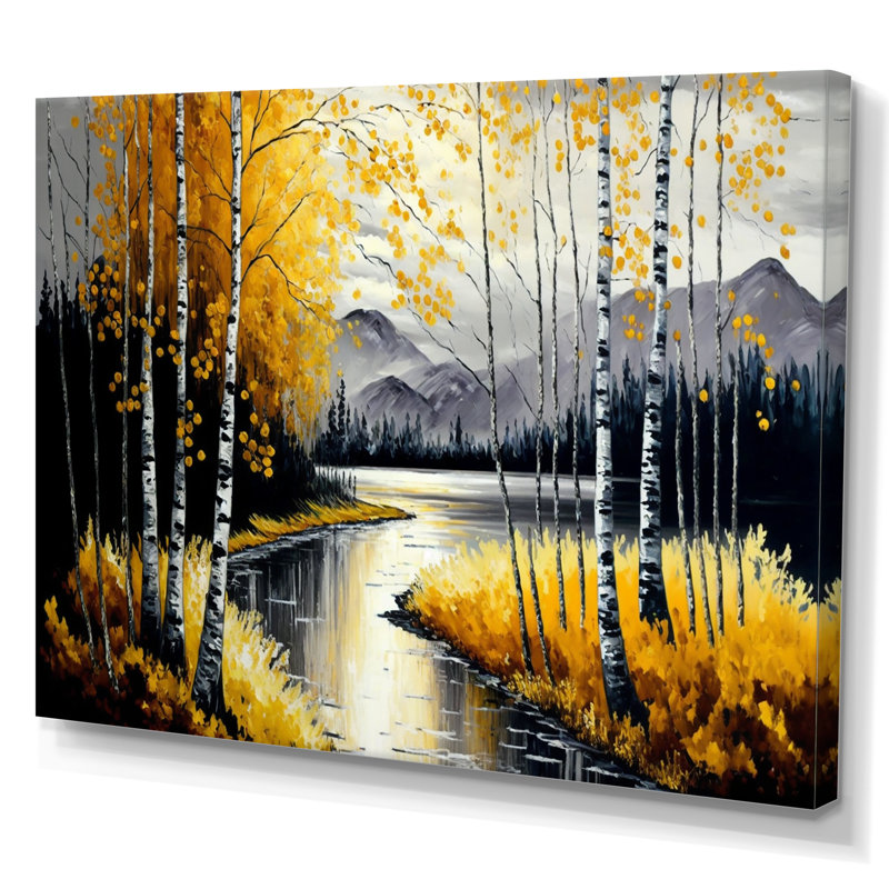 Bouleaux gris et jaunes au bord du lac II - arbre, art mural, H 24 po x l 32 po x P 1 po, Toile tendue