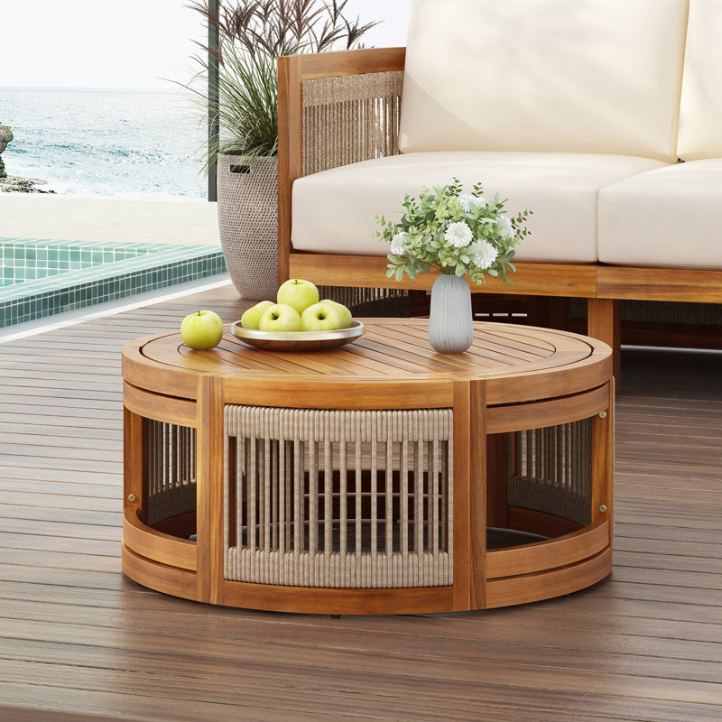 Table basse d'extérieur en bois d'acacia avec décoration en corde