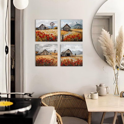 Farmhouse Barn Pictures Wall Decor Country Windmill Wall Art Red Poppy Flower Scenery Poster For Living Room Vintage Autumn Landscape Prints Abstract Texture Artwork Bedroom Home Decorations 12X12" 4P