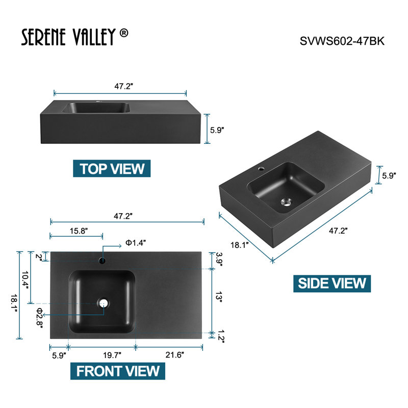 Bathroom Sink, Solid Surface Material, Wall-Mount or Countertop Install, 47" with Single Faucet Hole, Black